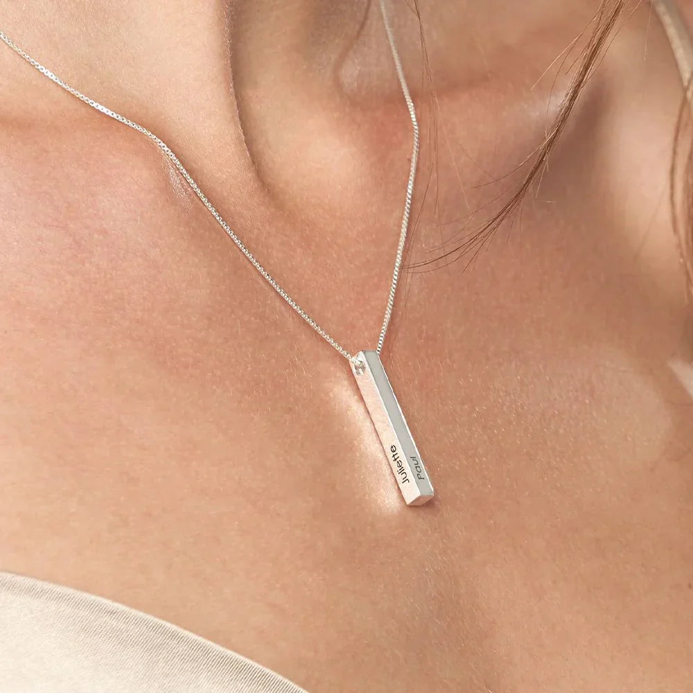 Close-up of the Personalized 3D Bar Necklace displaying detailed 3D engraving on a sleek bar pendant