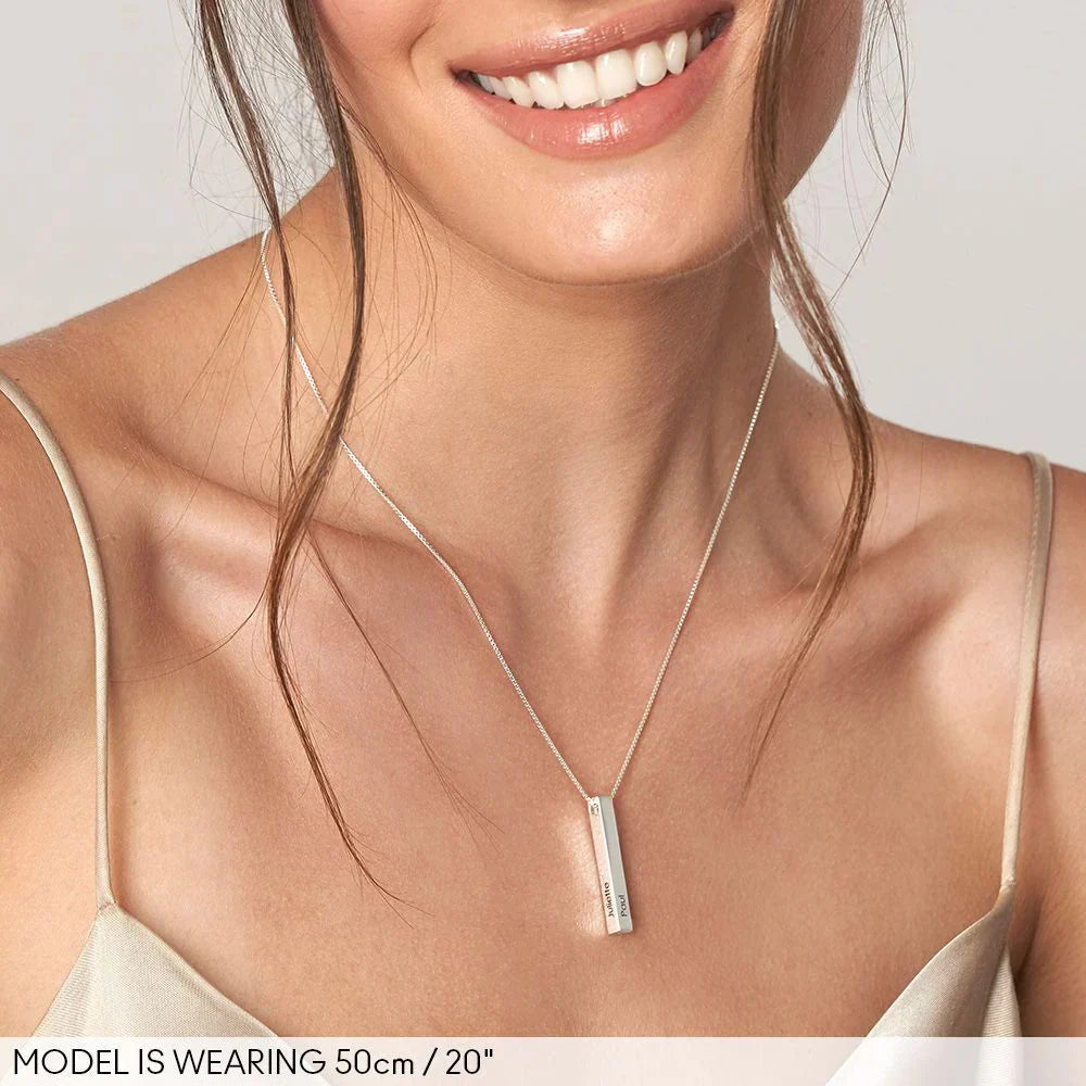 Model wearing the Personalized 3D Bar Necklace, showcasing its modern, custom engraved design for everyday style
