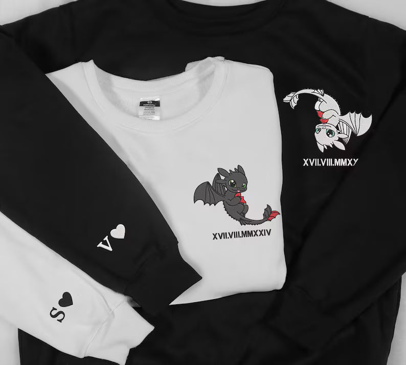 Custom Embroidered Roman Numeral Couple Sweatshirts Embroidered Dragon Couple Sweatshirts