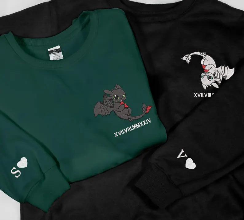 Custom Embroidered Roman Numeral Couple Sweatshirts Embroidered Dragon Couple Sweatshirts