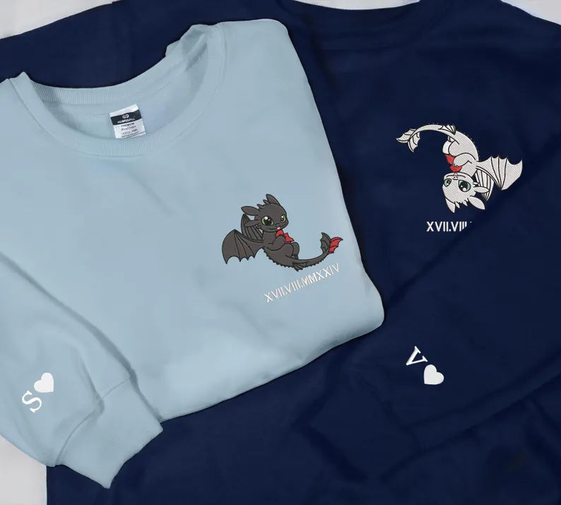 Custom Embroidered Roman Numeral Couple Sweatshirts Embroidered Dragon Couple Sweatshirts
