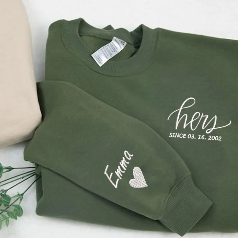 Personalized Embroidered Couple Matching Sweatshirt With Name on Sleeve, Anniversary Date