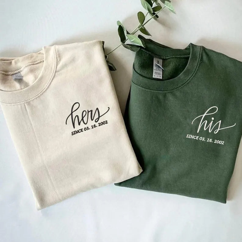 Personalized Embroidered Couple Matching Sweatshirt With Name on Sleeve, Anniversary Date