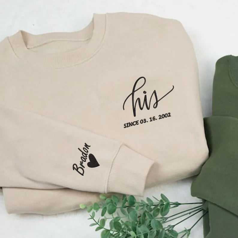 Personalized Embroidered Couple Matching Sweatshirt With Name on Sleeve, Anniversary Date