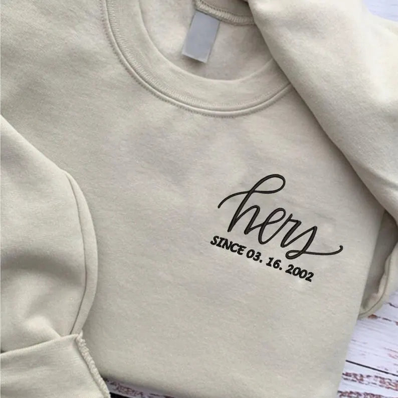 Personalized Embroidered Couple Matching Sweatshirt With Name on Sleeve, Anniversary Date