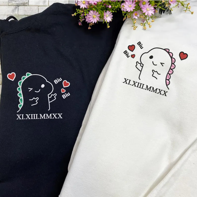 Cute Dino Matching Couple Hoodie, Personalized Roman Numeral Sweatshirt Set