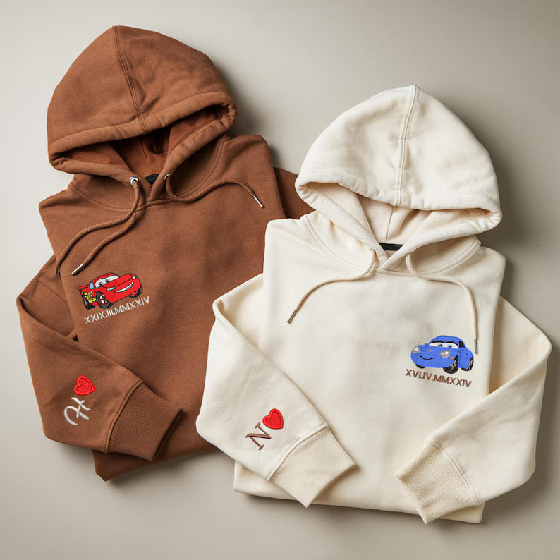 Custom Lovely Car Couple Characters Embroidered Sweatshirt