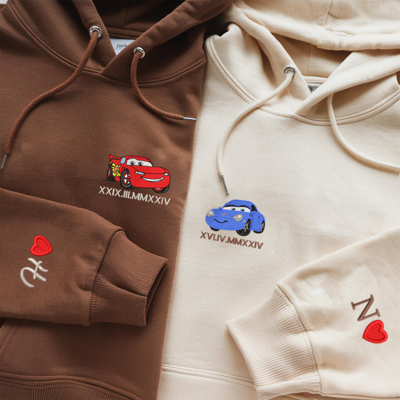 Custom Lovely Car Couple Characters Embroidered Sweatshirt