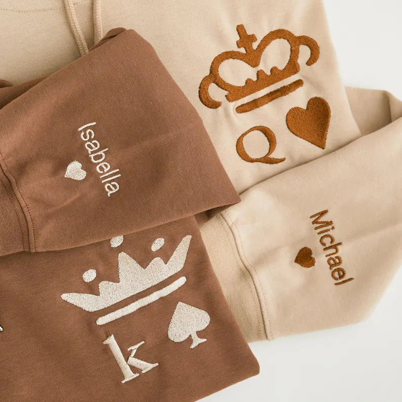 Couple's Matching Hoodie - King and Queen Embroidered Sweatshirt with Customised Name Cuffs
