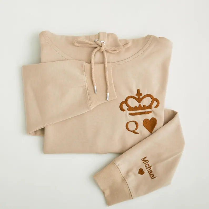 Couple's Matching Hoodie - King and Queen Embroidered Sweatshirt with Customised Name Cuffs