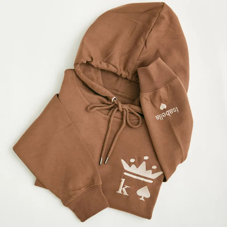 Couple's Matching Hoodie - King and Queen Embroidered Sweatshirt with Customised Name Cuffs