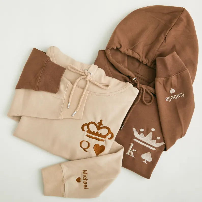 Couple's Matching Hoodie - King and Queen Embroidered Sweatshirt with Customised Name Cuffs