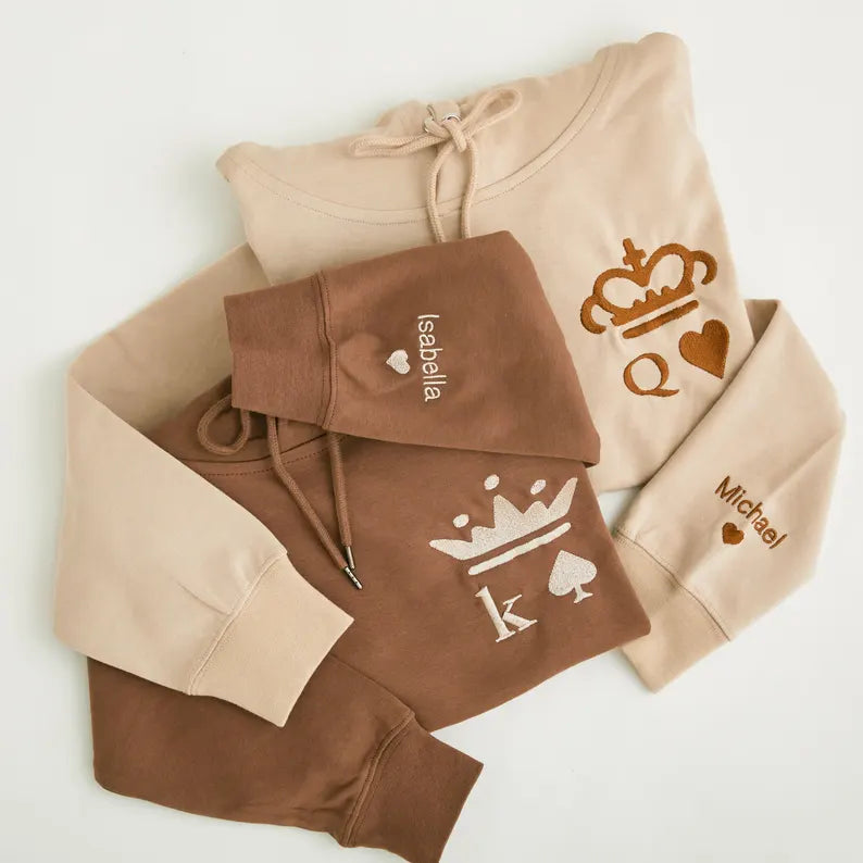 Couple's Matching Hoodie - King and Queen Embroidered Sweatshirt with Customised Name Cuffs