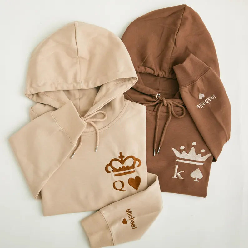 Couple's Matching Hoodie - King and Queen Embroidered Sweatshirt with Customised Name Cuffs