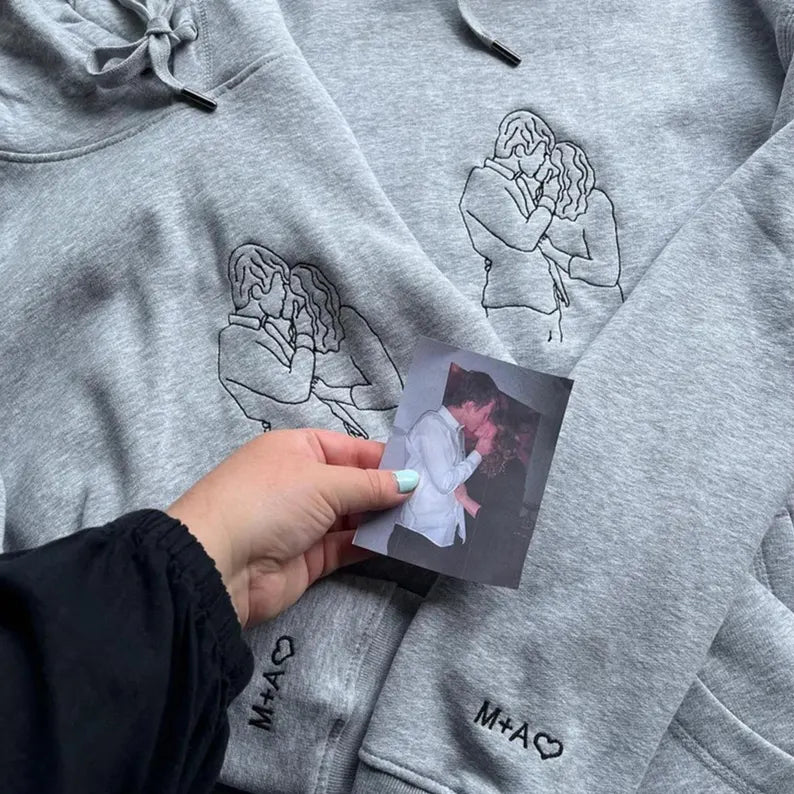Custom Embroidered Portrait from Photo Hoodie, Couples Embroidered Sweatshirts