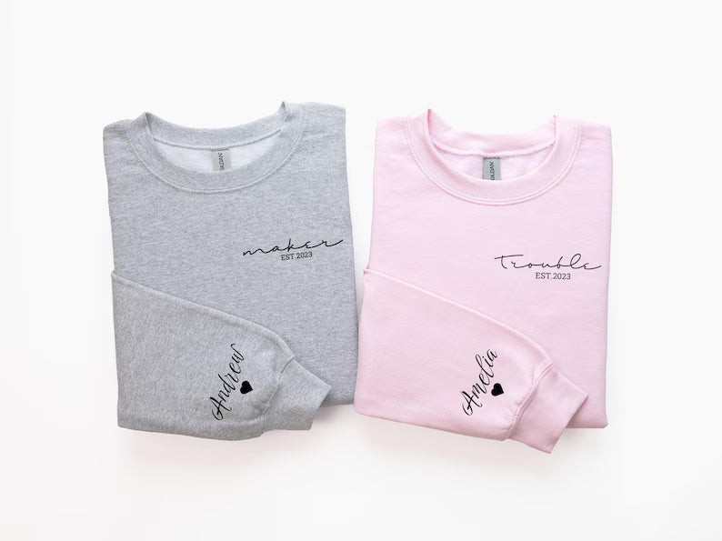 Maker & Trouble Couple Hoodies or Sweatshirts, Funny Matching Couple Outfit, Personalized Gift for Couples, Unique Custom Apparel