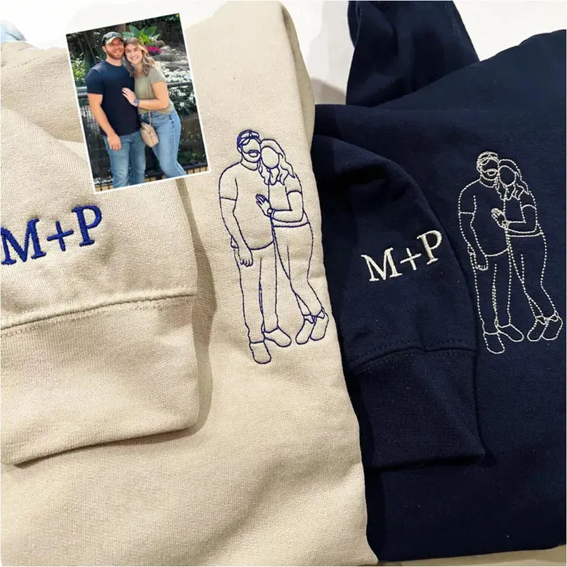 Custom Embroidered Portrait from Photo Hoodie, Couples Embroidered Sweatshirts