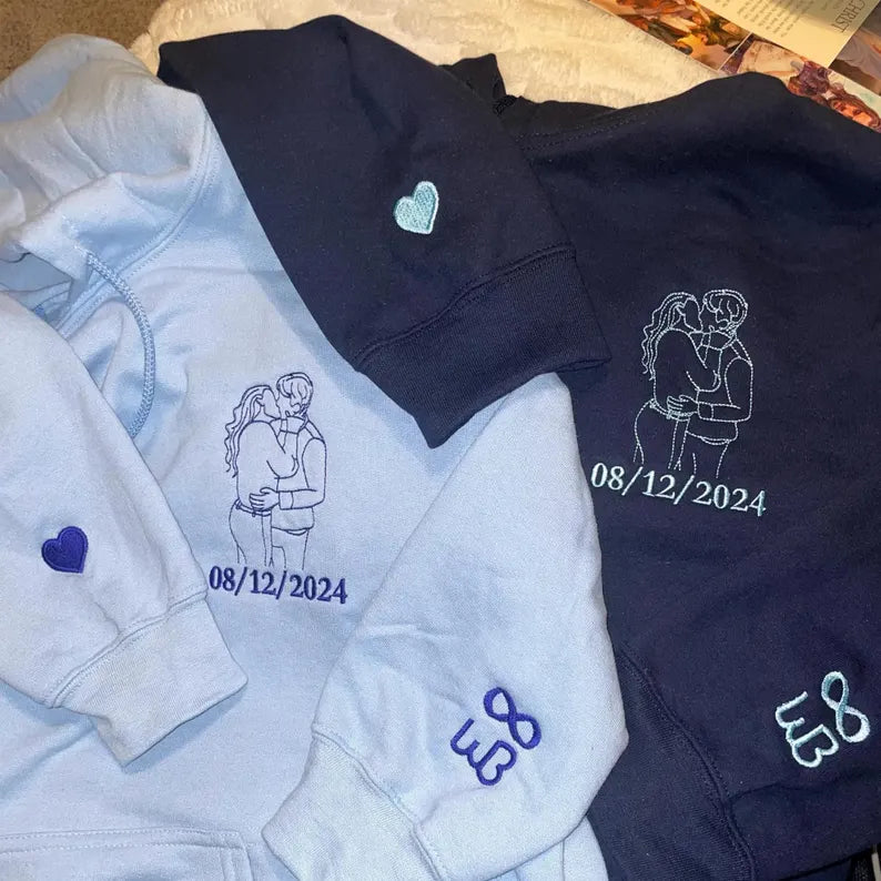 Custom Embroidered Portrait from Photo Hoodie, Couples Embroidered Sweatshirts