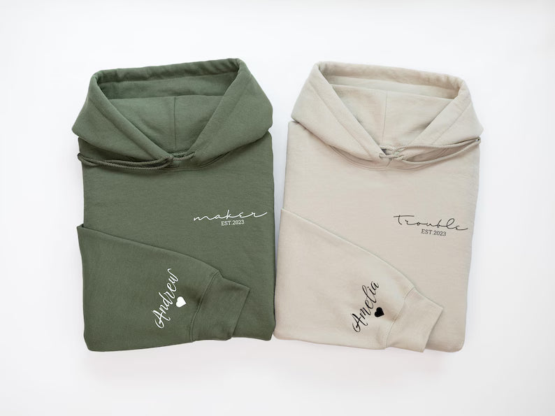 Maker & Trouble Couple Hoodies or Sweatshirts, Funny Matching Couple Outfit, Personalized Gift for Couples, Unique Custom Apparel