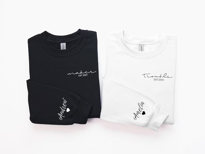 Maker & Trouble Couple Hoodies or Sweatshirts, Funny Matching Couple Outfit, Personalized Gift for Couples, Unique Custom Apparel