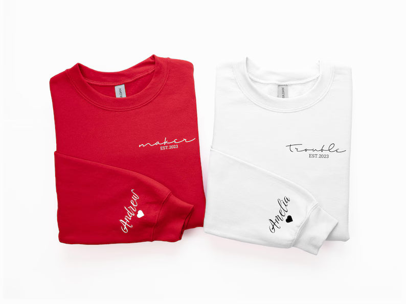 Maker & Trouble Couple Hoodies or Sweatshirts, Funny Matching Couple Outfit, Personalized Gift for Couples, Unique Custom Apparel