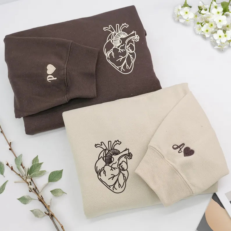 Embroidered Anatomical Heart Hoodies - Matching Hoodies For Couple - Personalized Initials On Sleeve