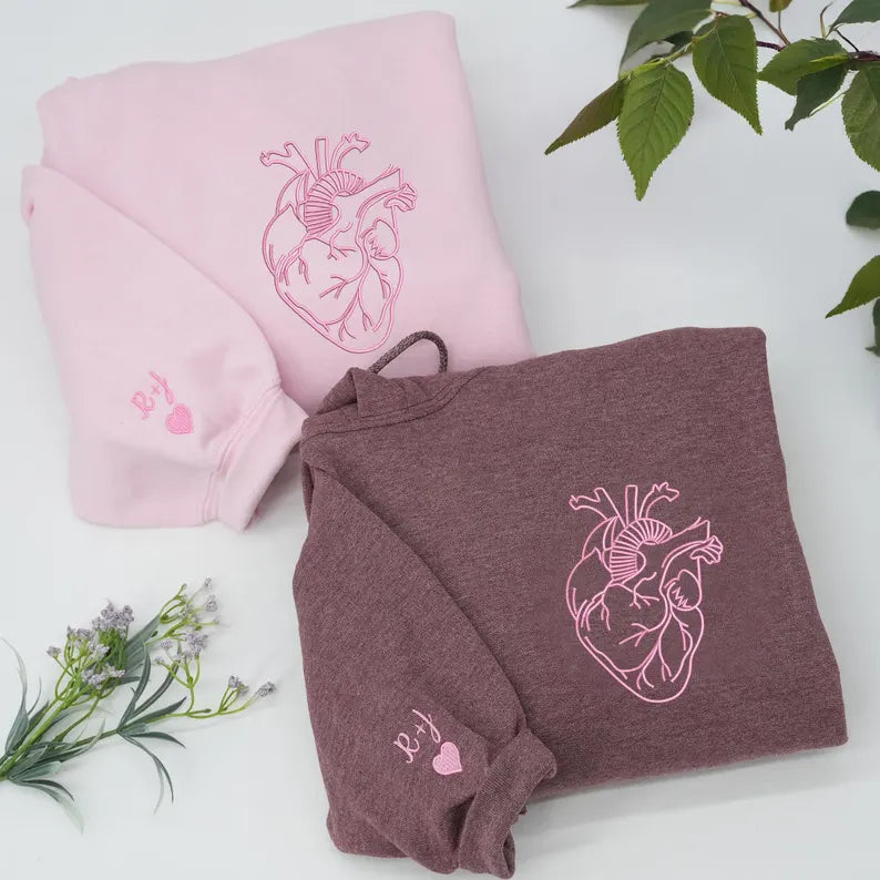 Embroidered Anatomical Heart Hoodies - Matching Hoodies For Couple - Personalized Initials On Sleeve