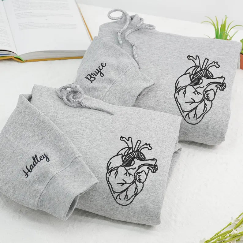 Embroidered Anatomical Heart Hoodies - Matching Hoodies For Couple - Personalized Initials On Sleeve