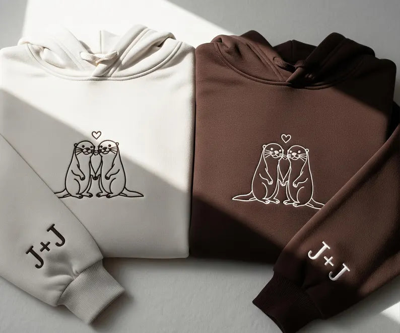 Embroidered Otter Love Matching Couple Hoodie With Personalized Sleeve Initials