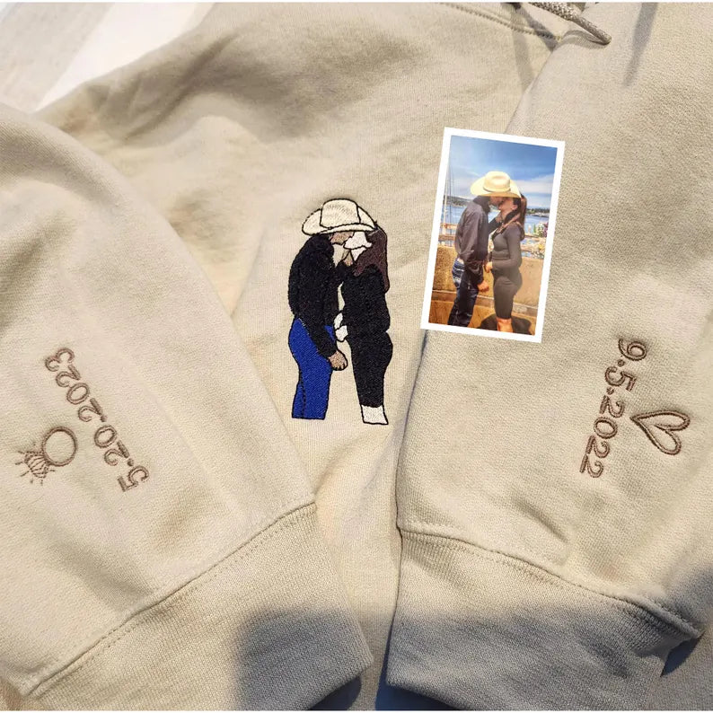 Custom Couple Portrait Hoodie - Embroidered