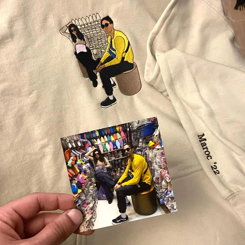 Custom Couple Portrait Hoodie - Embroidered