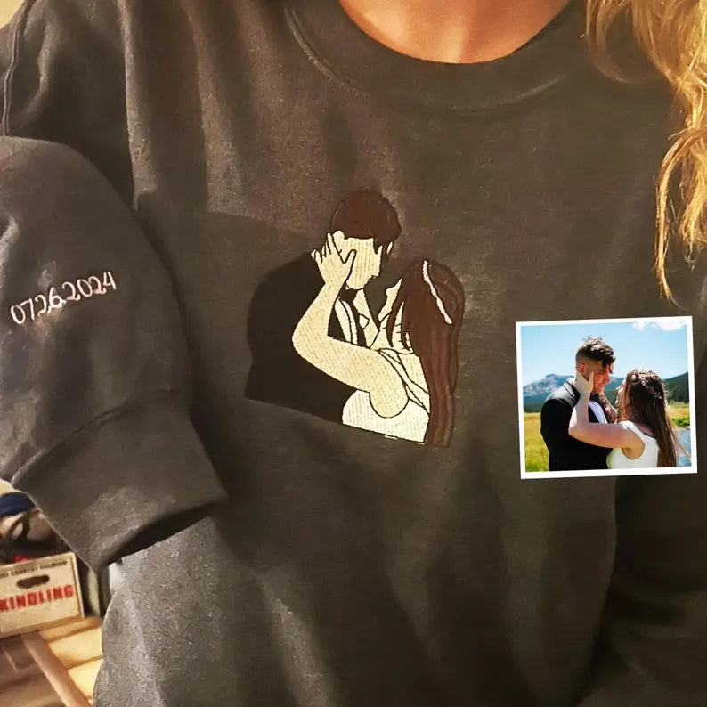 Custom Couple Portrait Hoodie - Embroidered