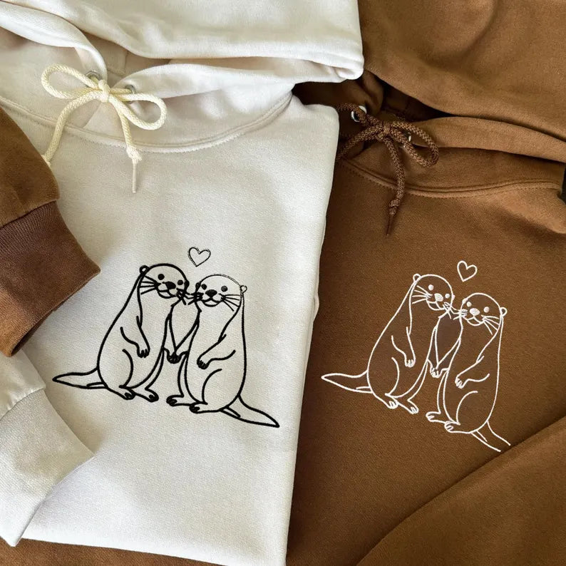 Embroidered Otter Love Matching Couple Hoodie With Personalized Sleeve Initials