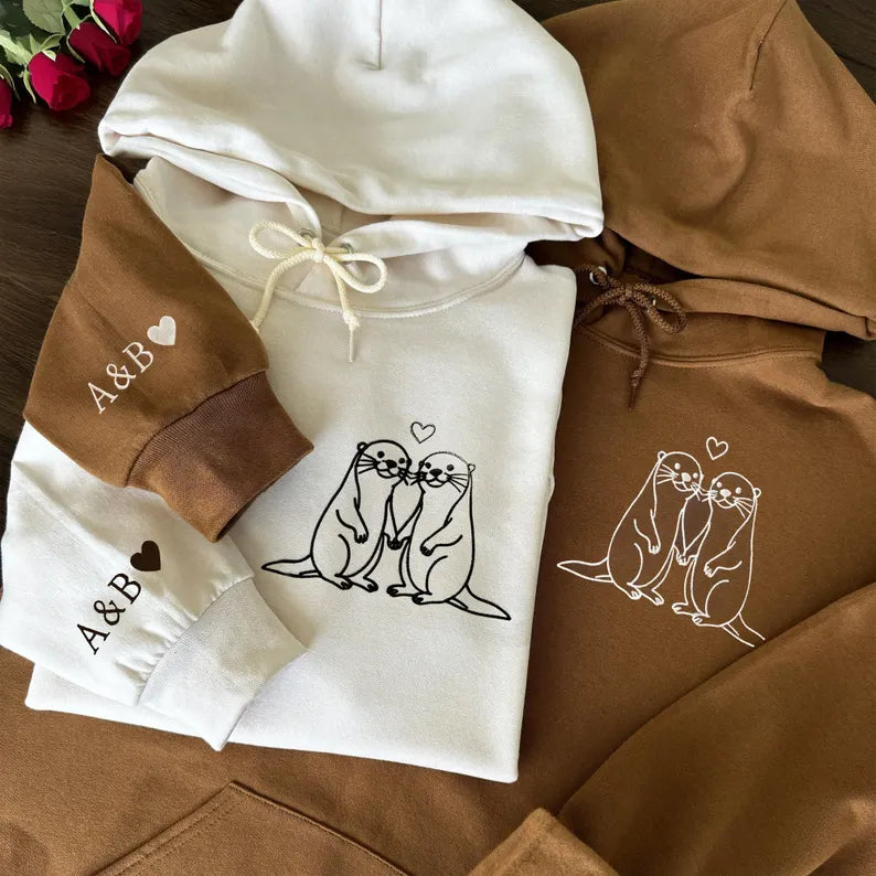 Embroidered Otter Love Matching Couple Hoodie With Personalized Sleeve Initials