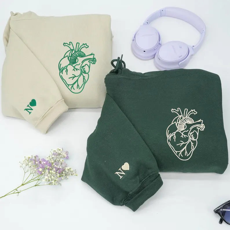Embroidered Anatomical Heart Hoodies - Matching Hoodies For Couple - Personalized Initials On Sleeve