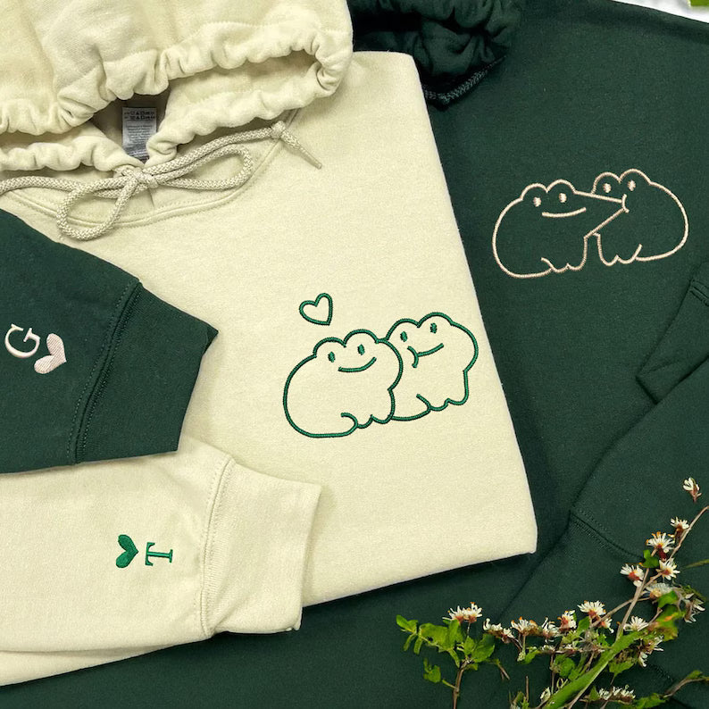 Custom Frog Couple Embroidered Hoodie with Roman Date & Initials