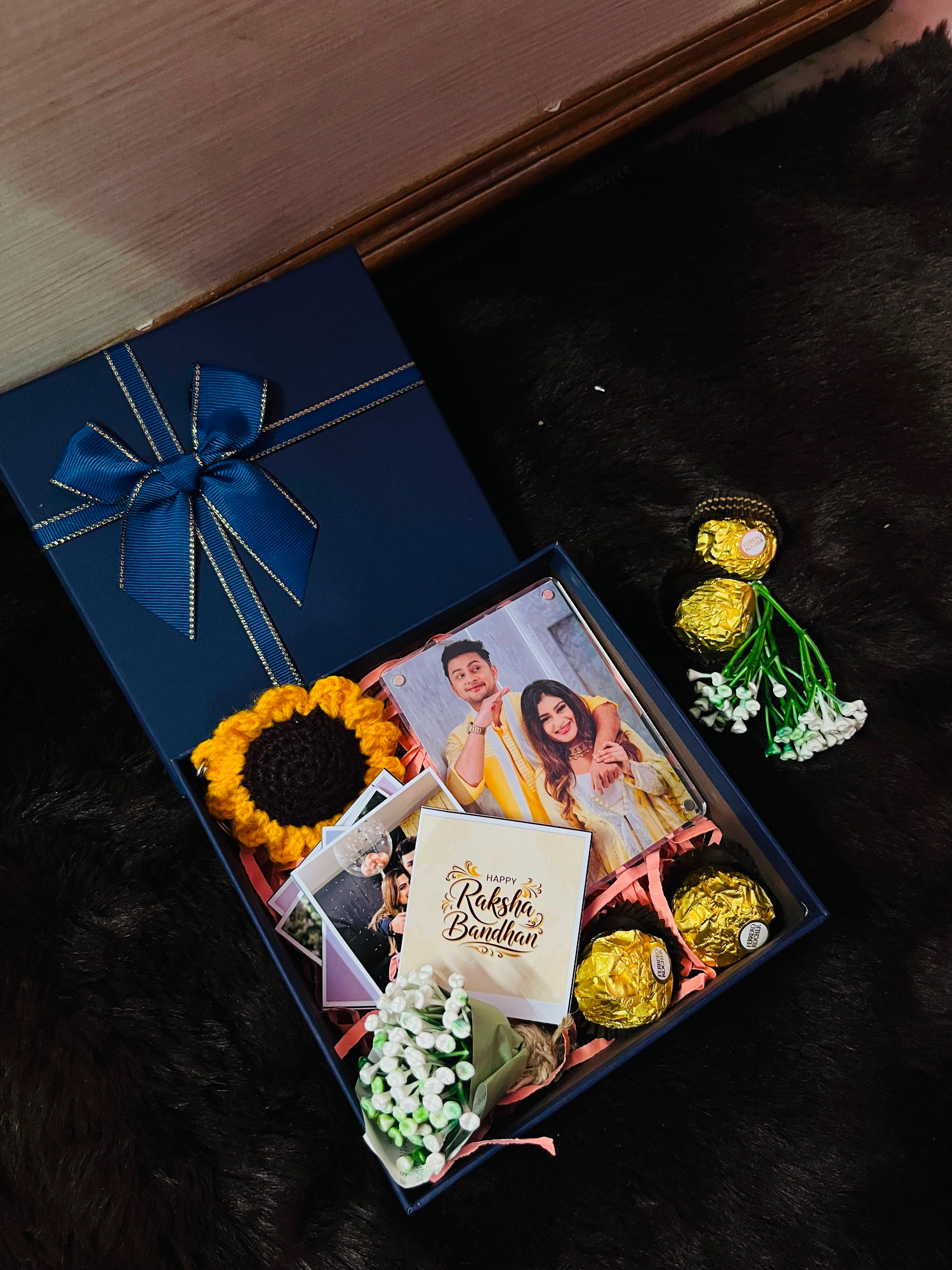 Rakhi Gift Hamper with Personalized Photo Frame, Sunflower & Ferrero Rocher