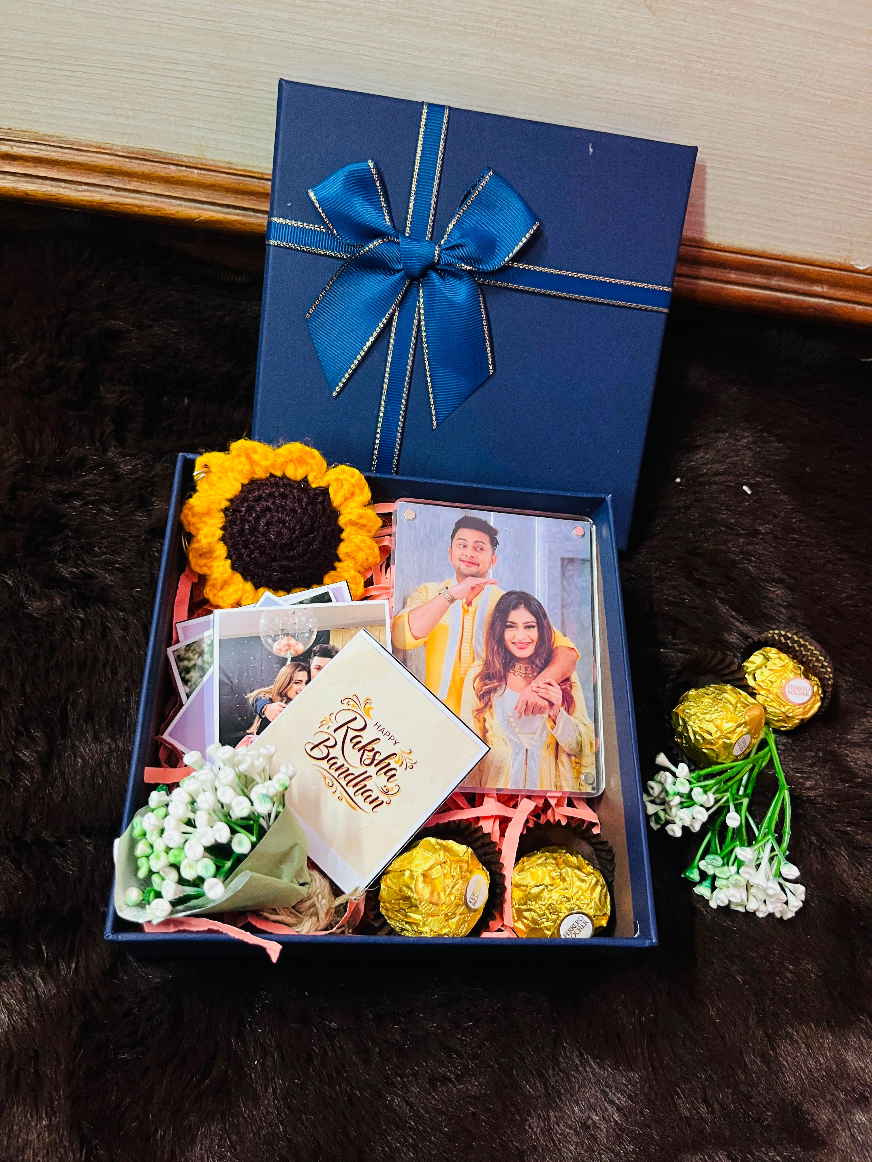 Rakhi Gift Hamper with Personalized Photo Frame, Sunflower & Ferrero Rocher
