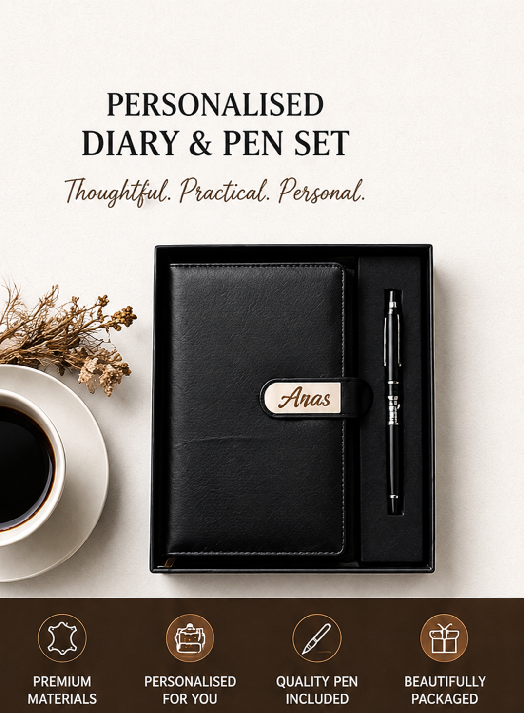 Premium Leather Notebook with Custom Name & Pen