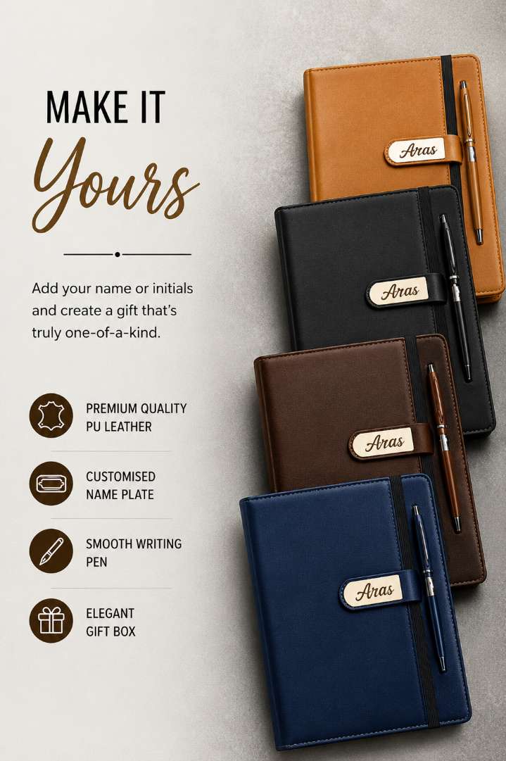 Premium Leather Notebook with Custom Name & Pen
