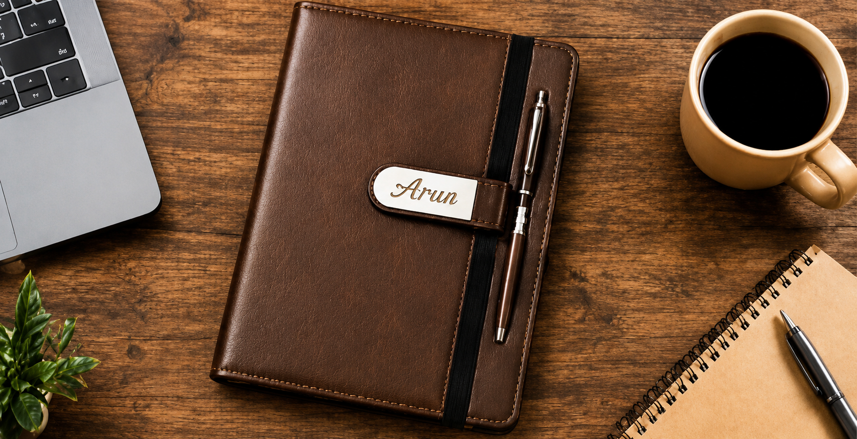 Premium Leather Notebook with Custom Name & Pen