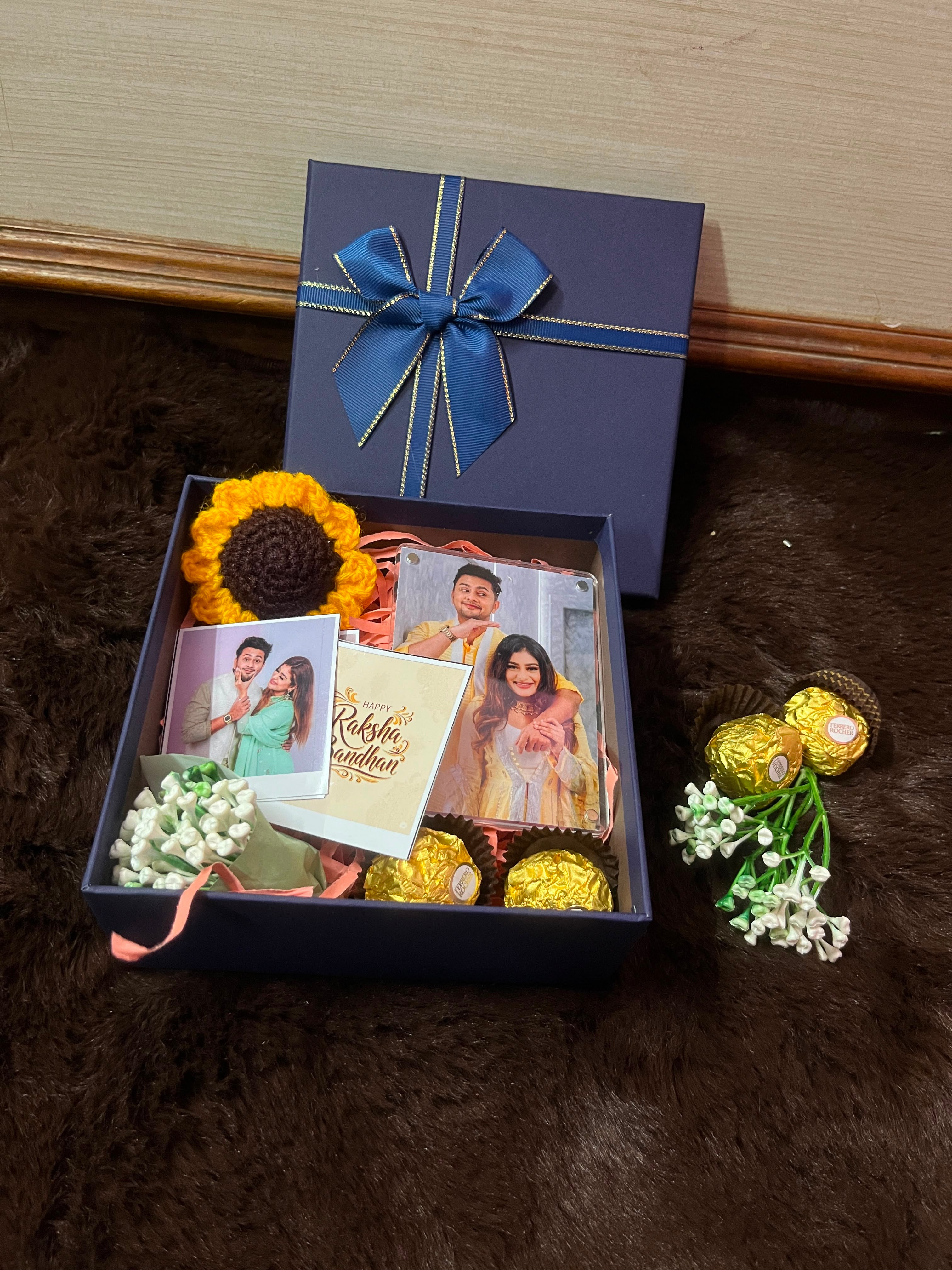 Rakhi Gift Hamper with Personalized Photo Frame, Sunflower & Ferrero Rocher