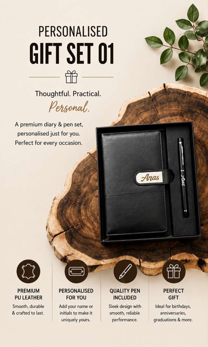 Premium Leather Notebook with Custom Name & Pen