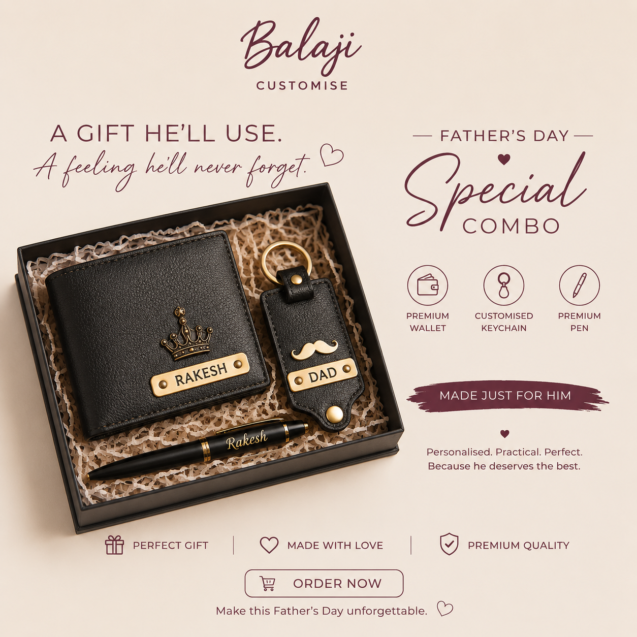 Personalised Father’s Day Gift Combo for Dad – Custom Wallet, Photo Keychain & Pen Set