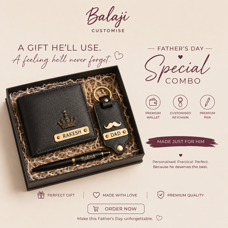 Personalised Father’s Day Gift Combo for Dad – Custom Wallet, Photo Keychain & Pen Set