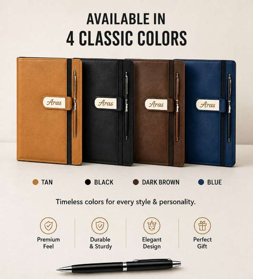 Premium Leather Notebook with Custom Name & Pen
