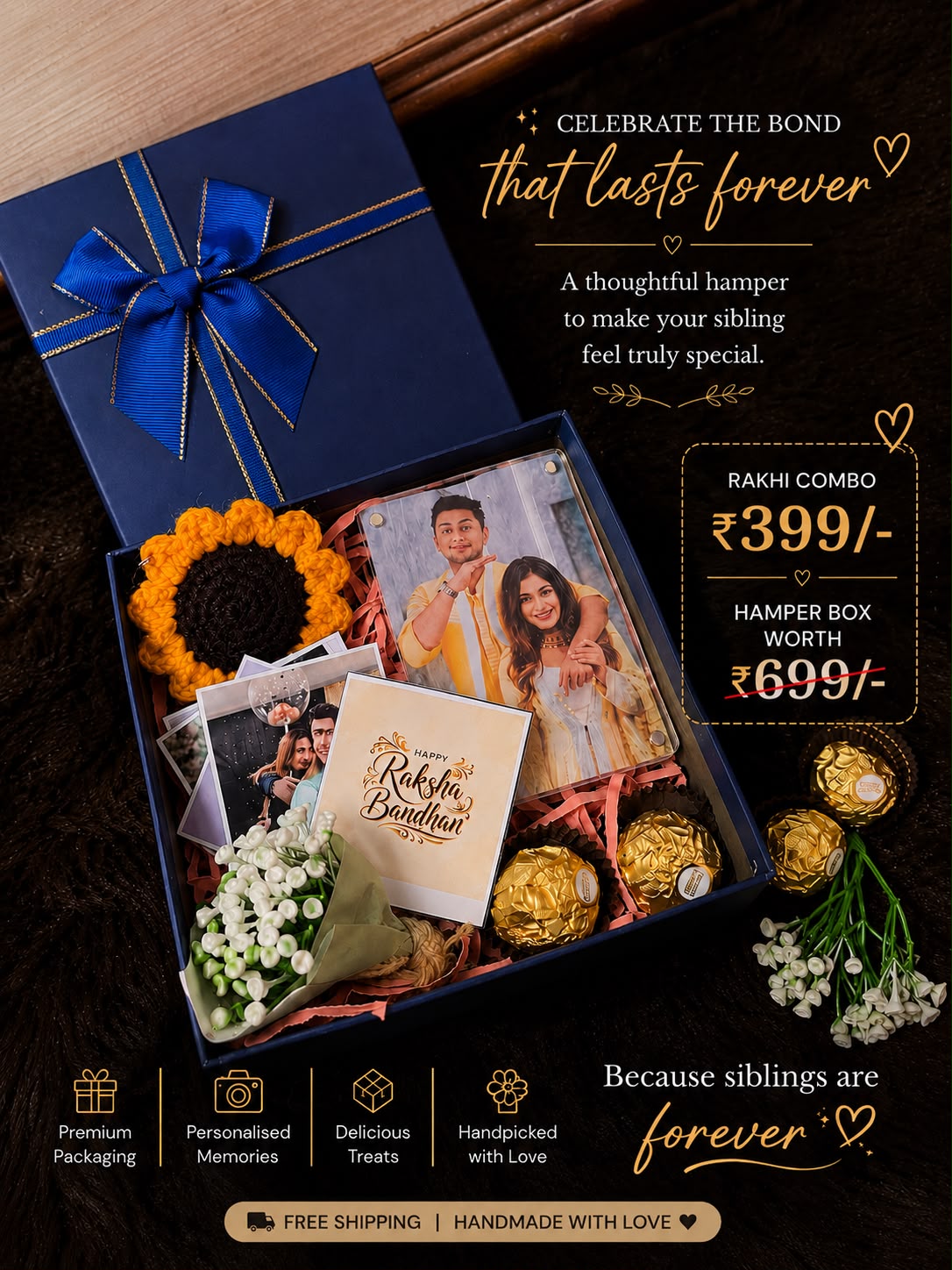 Rakhi Gift Hamper with Personalized Photo Frame, Sunflower & Ferrero Rocher
