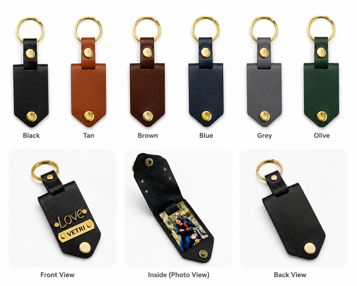Personalised Leather Keychain with Hidden Photo | Custom Name Keyring