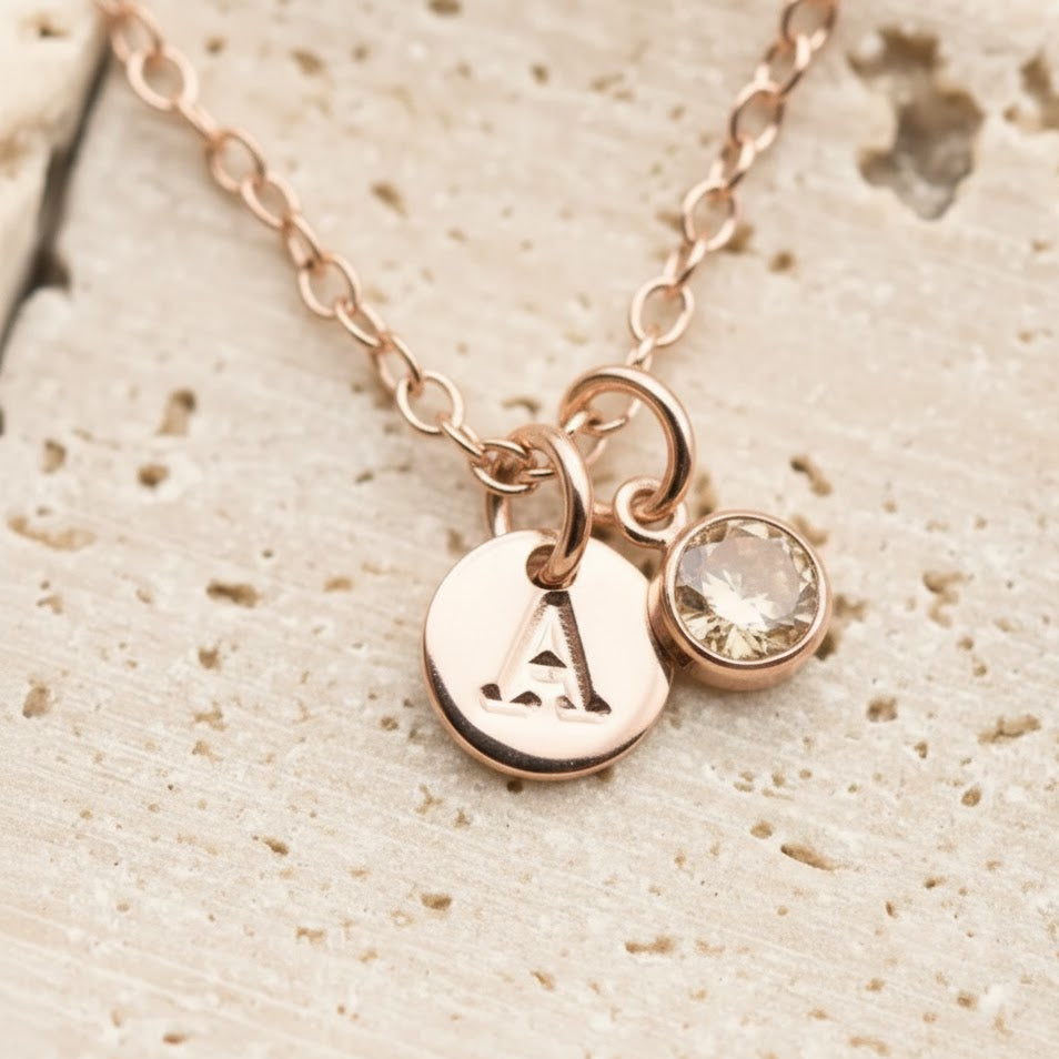 Golden Initial name Necklace with Birthstone